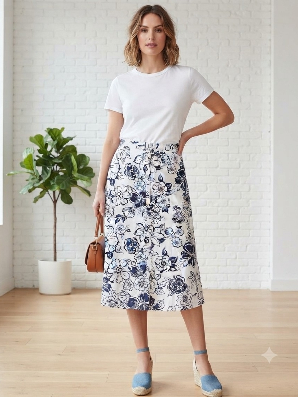 Lauren Ralph Lauren White Midi Skirt with Navy Floral Print